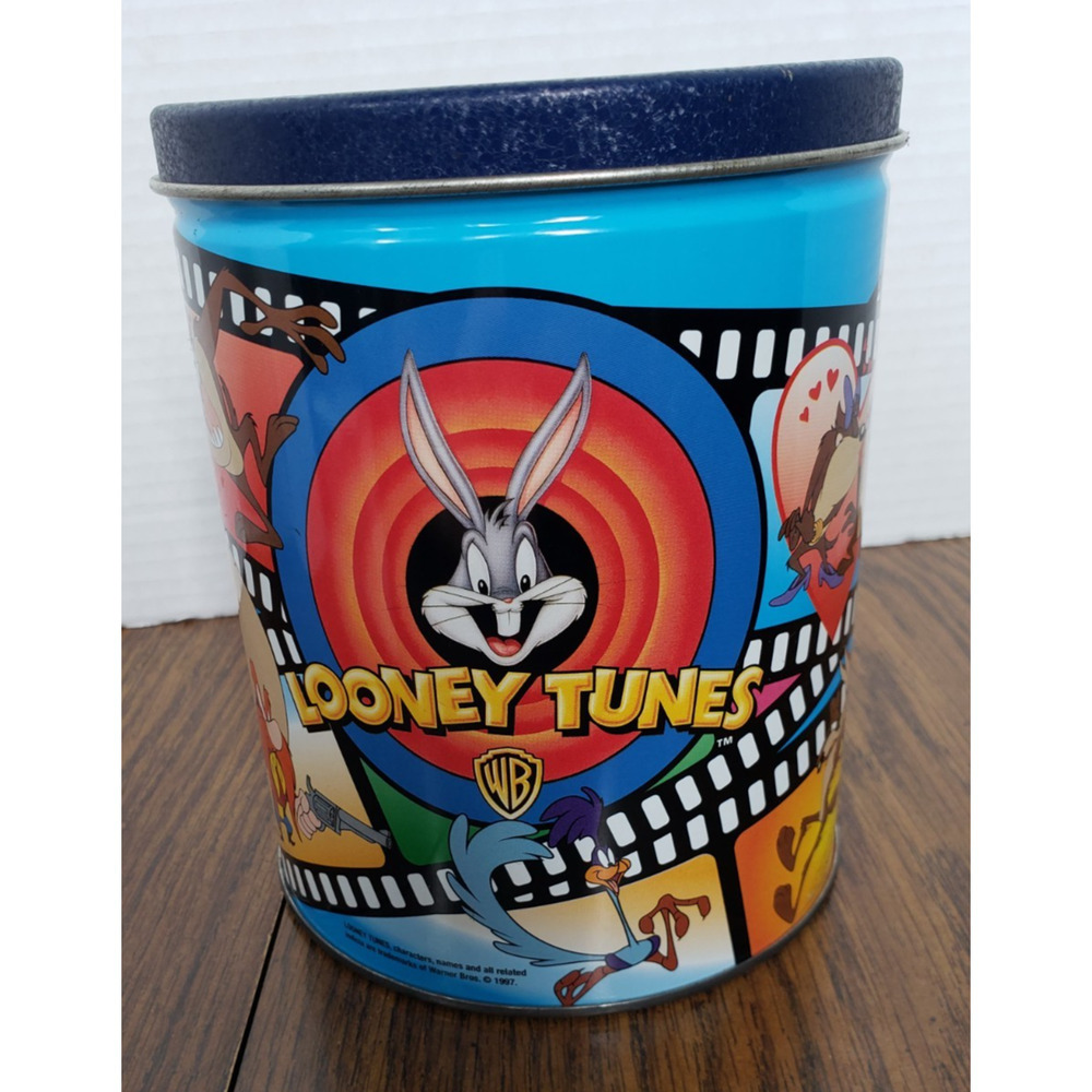 Looney Tunes Vintage 1997 Lidded Metal Tin Canister Cylinder Round